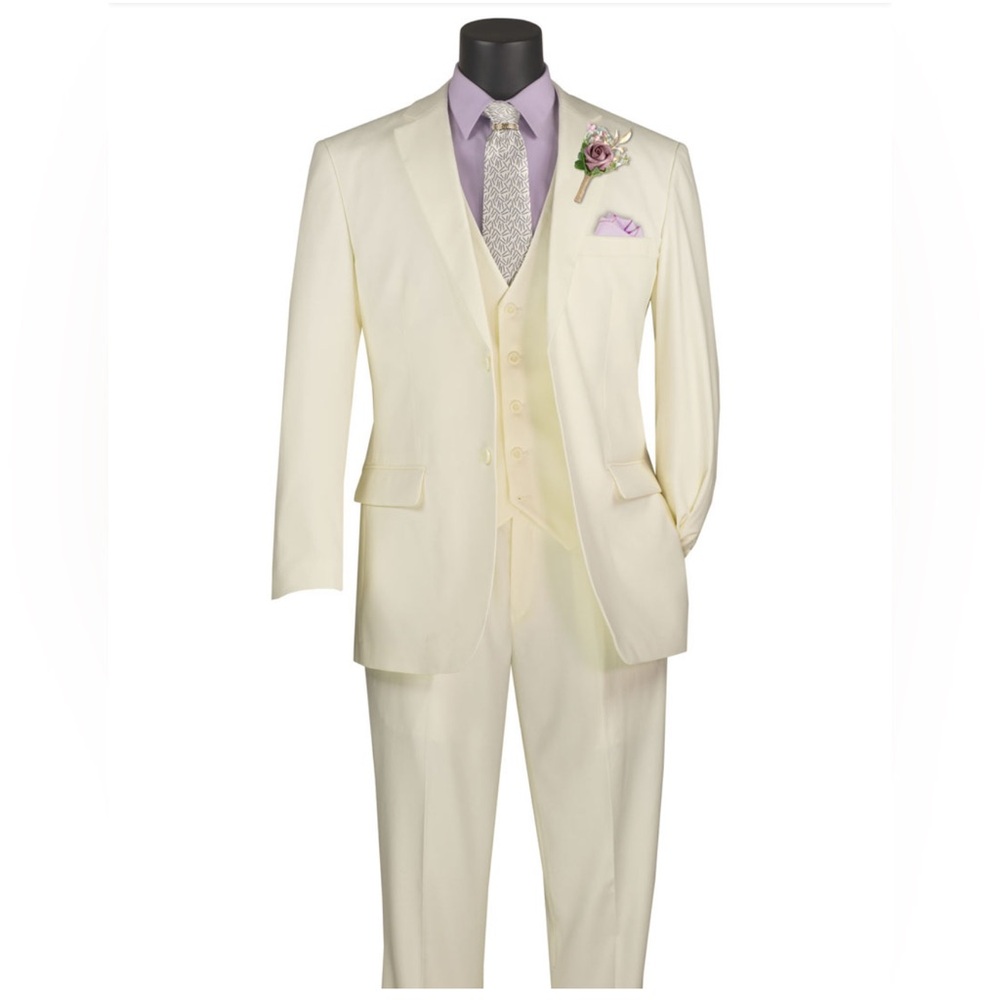 Ivory Three-Piece Men’s Suit - Classic Formal Blazer & Vest 42R